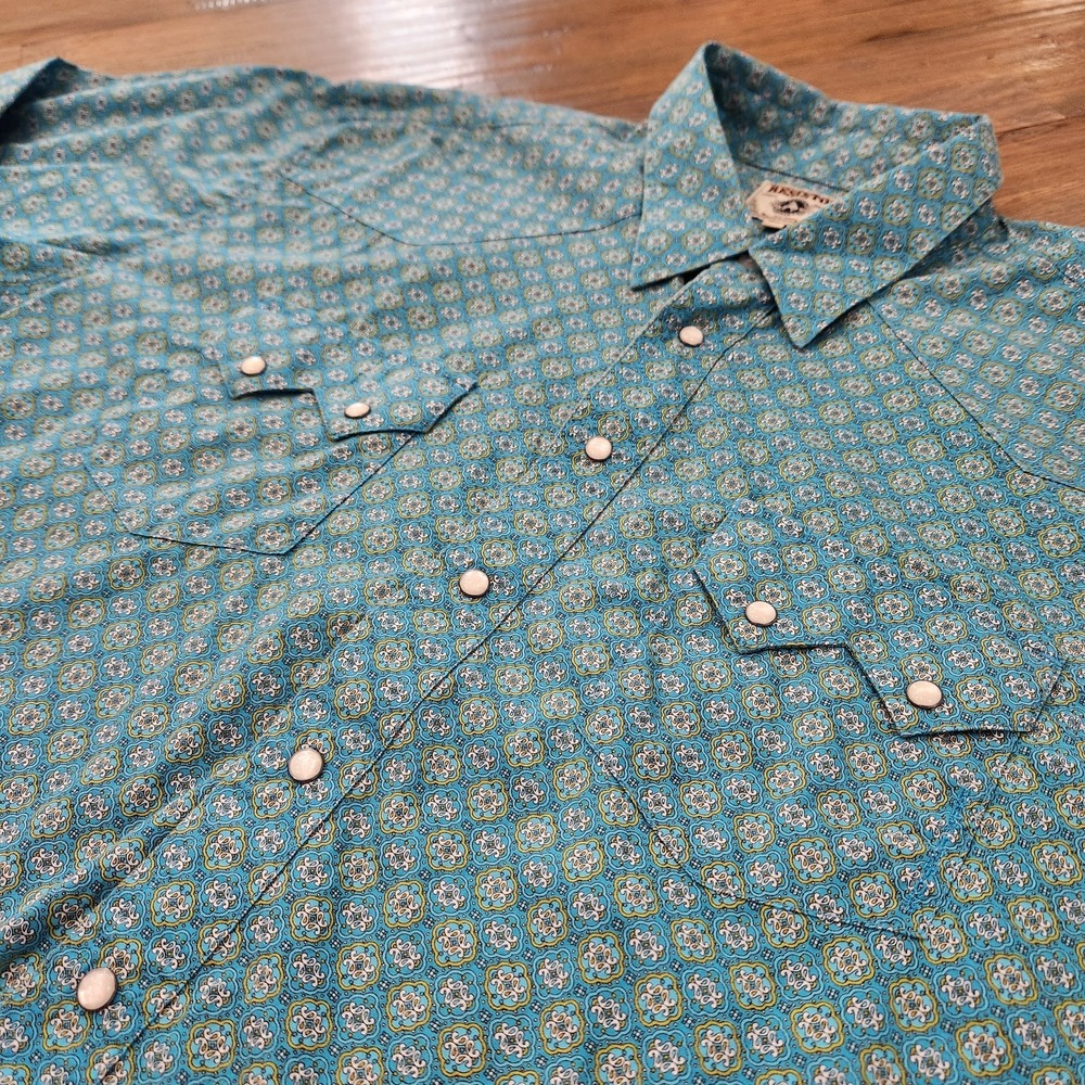 VTG Resistol Mens XL Blue Green Teal Western Pearl Snap Button Up‎ Cotton Shirt